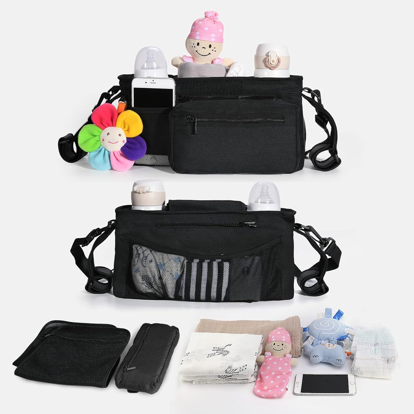 Momcozy NON-SLIP Universal Stroller Organizer | Insulated Cup Holder | Detachable Phone Bag & Shoulder Strap | Fits Uppababy, Baby Jogger, Britax, BOB, Umbrella and Pet Stroller
