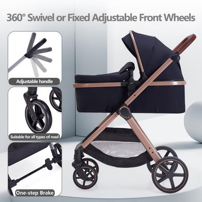Lortsybab 2 in 1 Baby Stroller, Newborn Infant Toddler Convertible Pram Stroller for 0-36 Months Old Babies (Grey)
