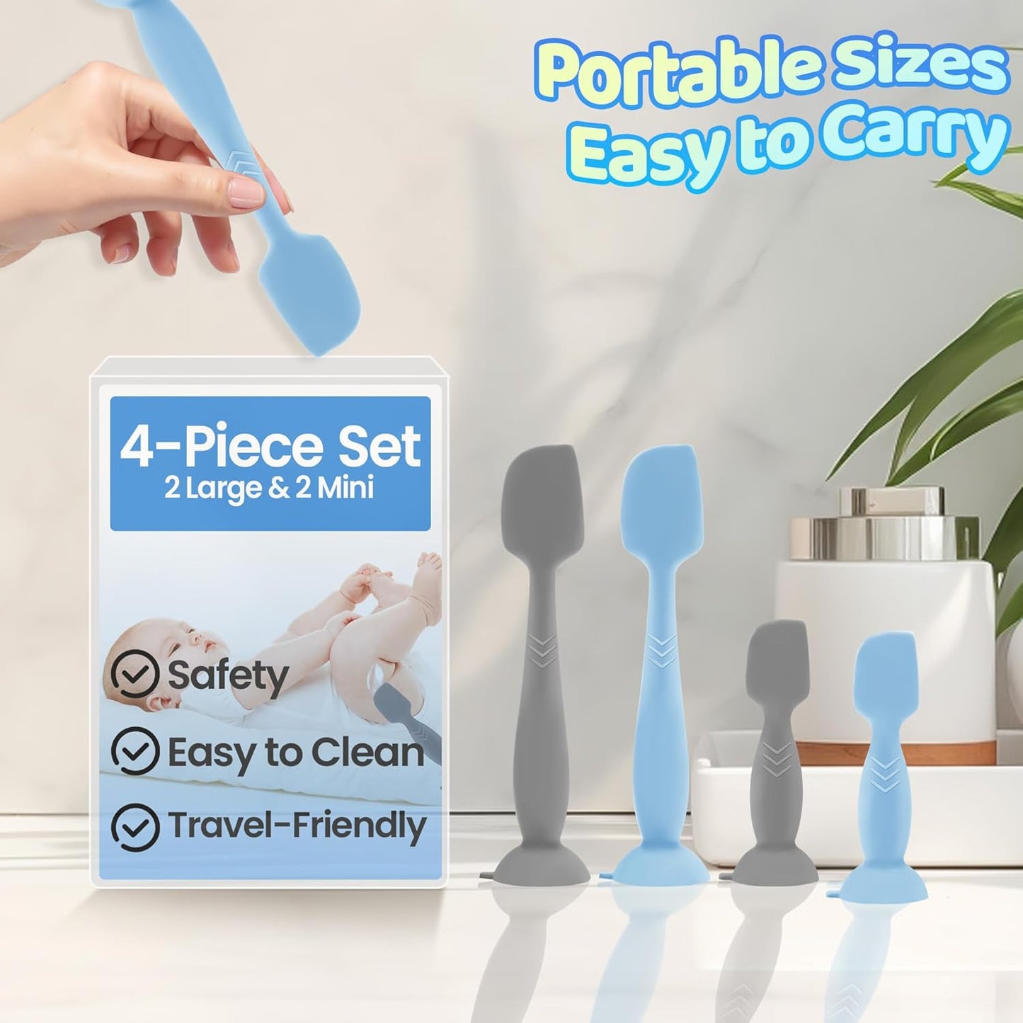 Upgraded 4-Pack Silicone Diaper Cream Spatula with Travel Case - Soft Full-Size & Mini Applicators for Rash Ointment, Diaper Care & Everyday Care, Ideal for Newborn Essentials and Baby Shower Gifts