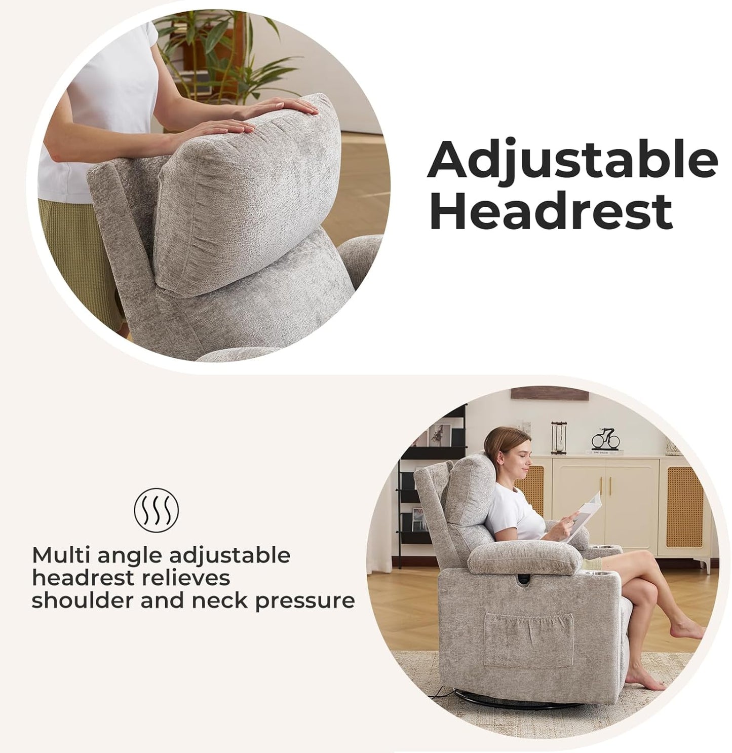 Rocking Chair Nursery with Adjustable Armrests, Electric Glider Recliner Nursing Chair for Breastfeeding, Power Swivel Recliner Chairs with Massage and Heat, Adjustable Headrest , FSC Certified, White