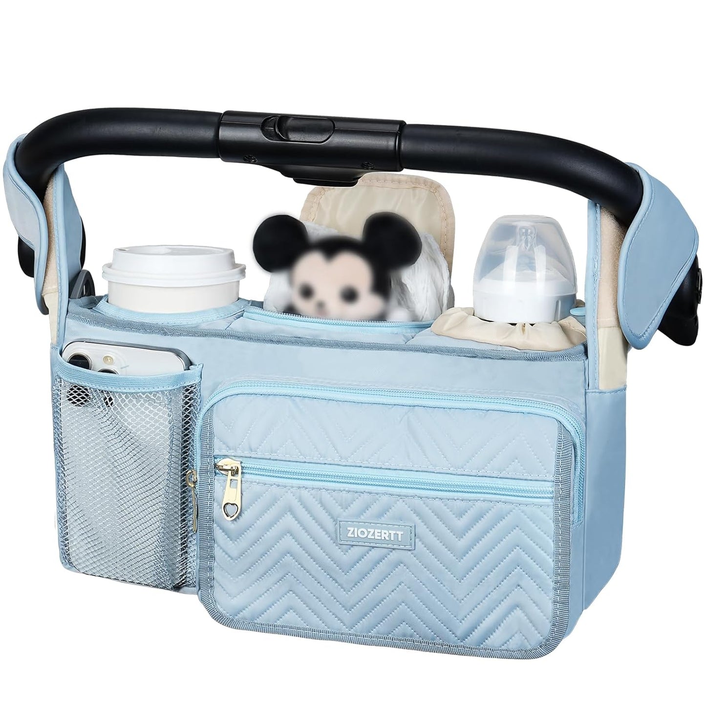 Universal Stroller Organizer with Insulated Cup Holders,Large Capacity Non-Slip Stroller Caddy Bag Fits for Uppababy/Doona/Jogger/Britax/Mompush/BoB with Anti-Sag Hard Bottom and Wet Wipes Pocket