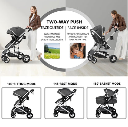 Kinder King 2 in 1 Convertible Baby Stroller, Folding High Landscape Infant Carriage, Newborn Reversible Pram, Adjustable Canopy, Diaper Bag, Pink