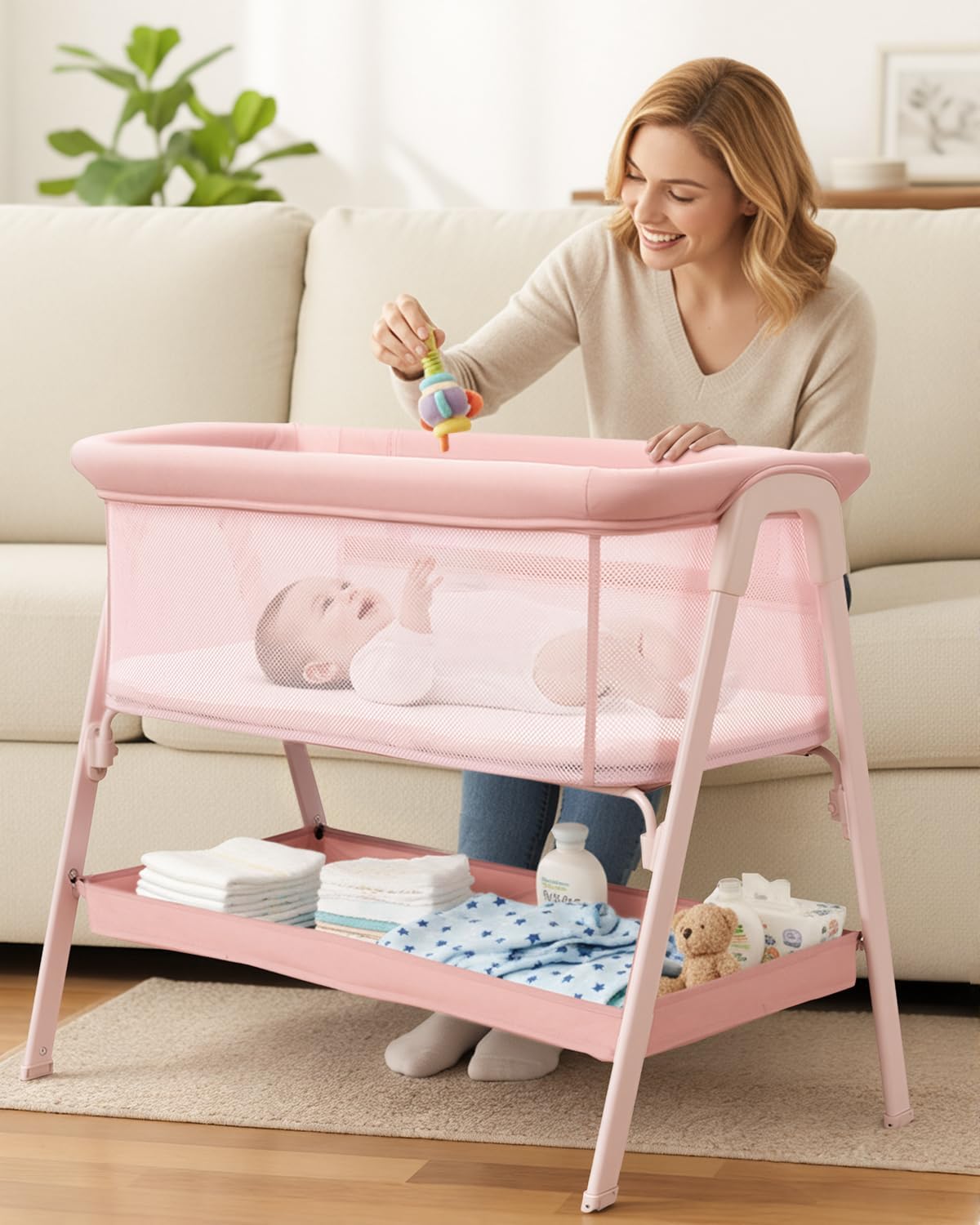 Baby Bassinet, Bedside Bassinet for Baby, Bassinet Bedside Sleeper with Mattress, Storage Basket and 4 Auto-Lock Wheels, Full-Mesh Sides, Bedside Mini Crib for Newborn (Beige)