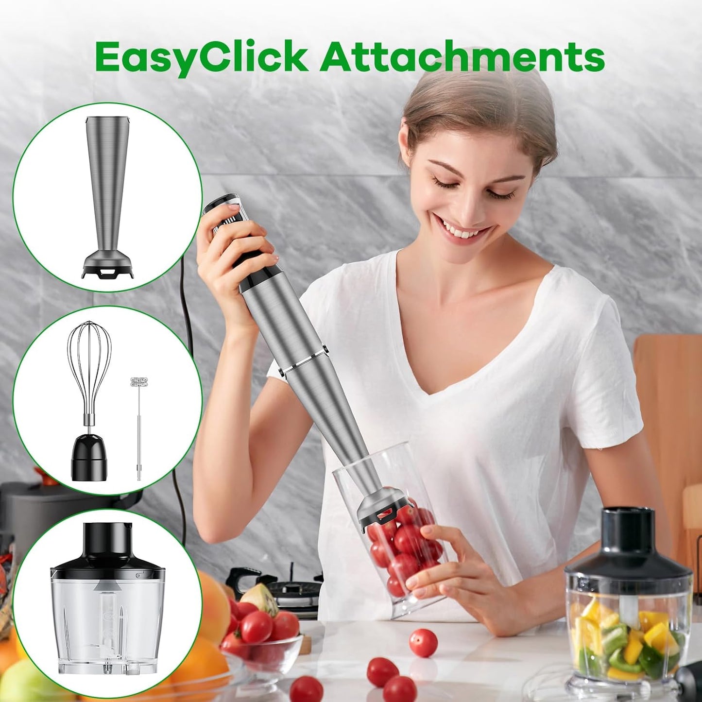 Turelar Immersion Blender Handheld Corded Hand Blenders Set 1100W, Trigger Variable Speed 5 in 1 Stick Emulsifier with Chopper, Whisk and Frother for Soup, Baby Food and Smoothies, Orange