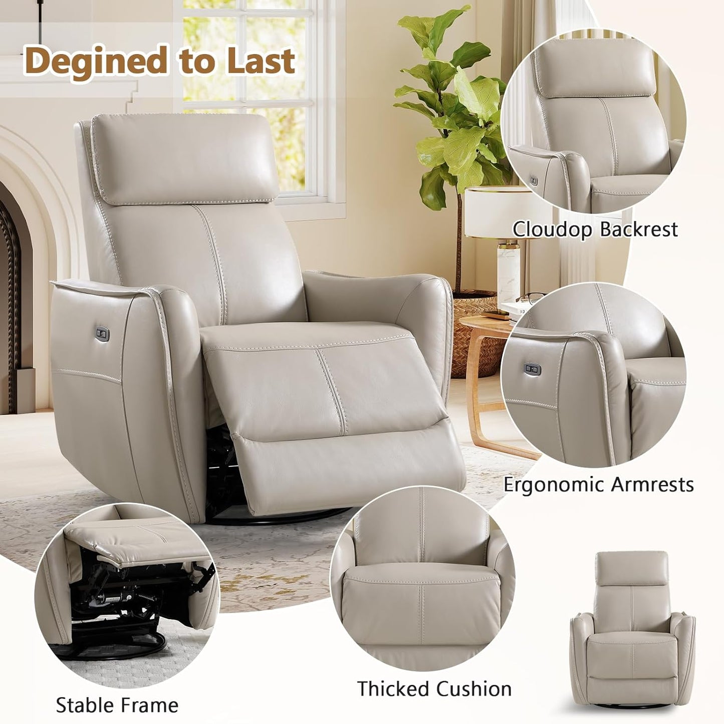 HAOMARKETS Electric Swivel Rocker Recliner Chair, Power Faux Leather Glider Rocking Recliners for Adults,360° Swivel Nursery Reclining Sofa with USB Charging Port, White