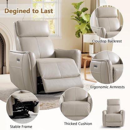 HAOMARKETS Electric Swivel Rocker Recliner Chair, Power Faux Leather Glider Rocking Recliners for Adults,360° Swivel Nursery Reclining Sofa with USB Charging Port, White