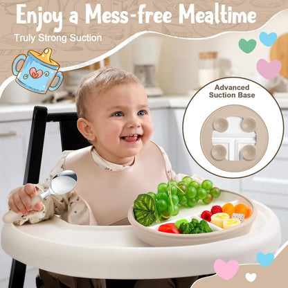Teenyyou 3 Pack 8" Large Porcelain Toddler Plates Feeding Set, Ceramic Kids Suction Plates with Anti Slip Silicone Sleeve for Baby 3 Spoons and Forks Divided Kids (Blue,Green,Beige)