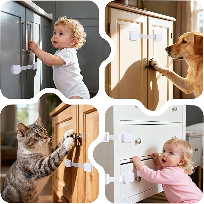 10-Pack Adhesive Baby proofing Strap Locks, Child Proof Cabinet Latches for Drawers, Microwave, Oven, Trash Can, Refrigerator, Toilet Lid, Adjustable No Drilling Need