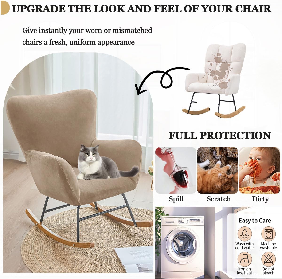 Levoberg Nursery Rocking Chair Cover Velvet Rocker Glider Chairs Cover Slipcovers Stretch Rocking Accent Chair Cover Recliner Armchair Slipcover for Nursery Living Room Bedroom Office Camel