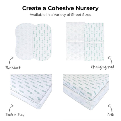 Ely's & Co. Pack N Play Fitted Playard Sheets - Breathable 100% Jersey Knit Cotton - Unisex Mini Crib Mattress Cover - Grey Sage Diamond - 2 Pack Set