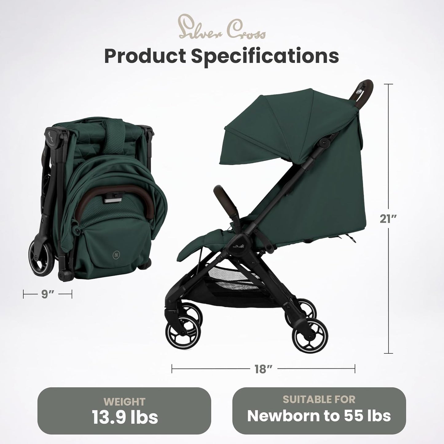 Silver Cross Clic Compact Travel Stroller – (Latte) – Lightweight Baby Stroller for Airplane Travel – One-Hand Fold, Lie-Flat Infant & Toddler Seat – Birth to 55 lb