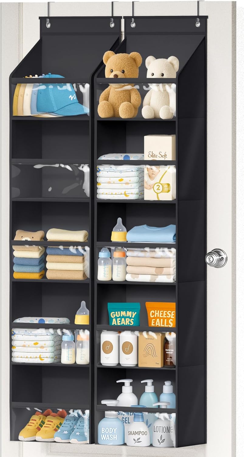 AOODA 2 Pack Over the Door Organizer, Large Capacity Closet Door Hanging Organizer, Clear Deep Pockets Baby Storage for Nursery, Bathroom, Bedroom, Pantry, Diapers (Light Yellow)