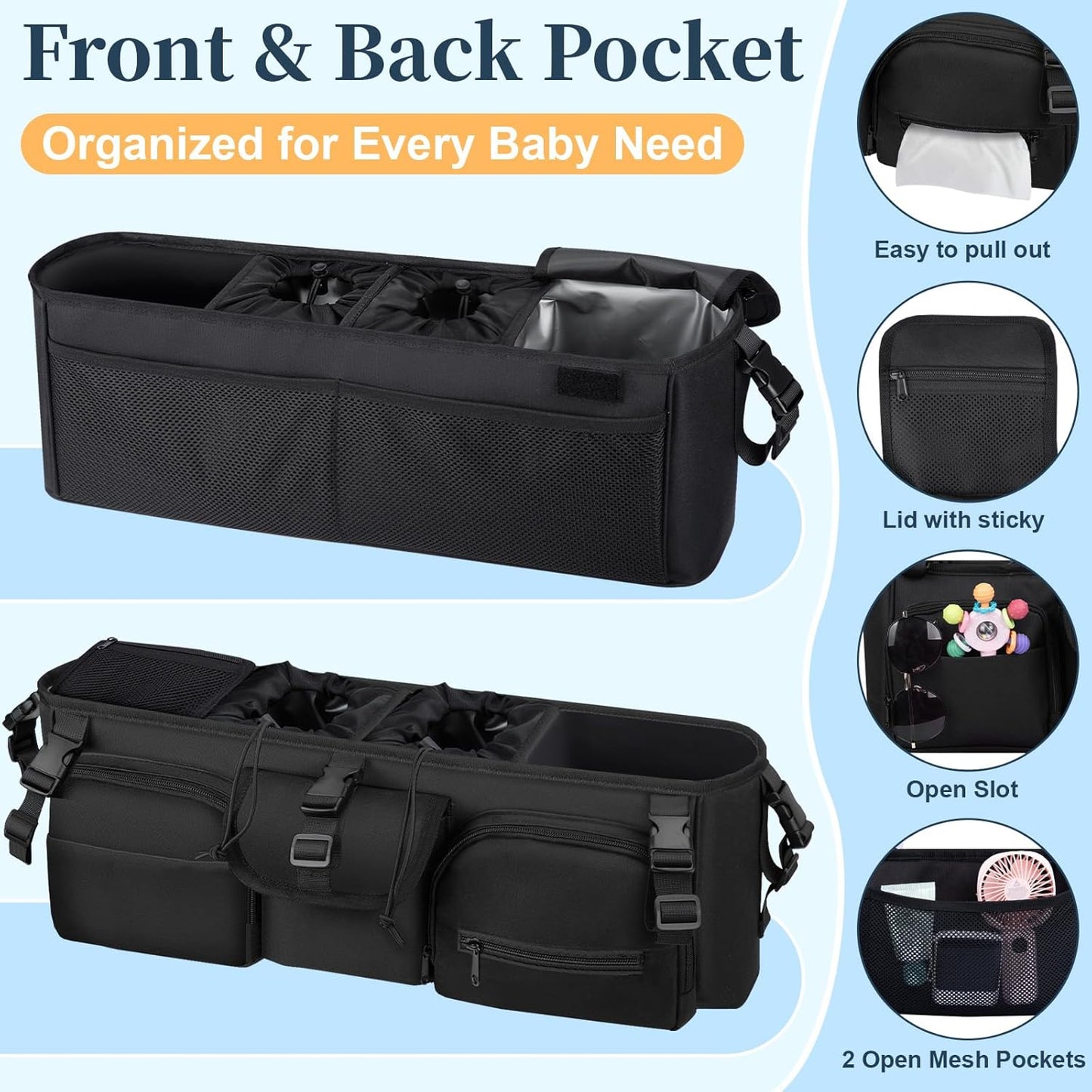 GDNasist Double Stroller Organizer Compatible with Bob Duallie and Baby Jogger City Mini GT2, Double Baby Stroller Accessories with Cooler Bag, Parent Console Double Jogging Stroller Caddy, Black