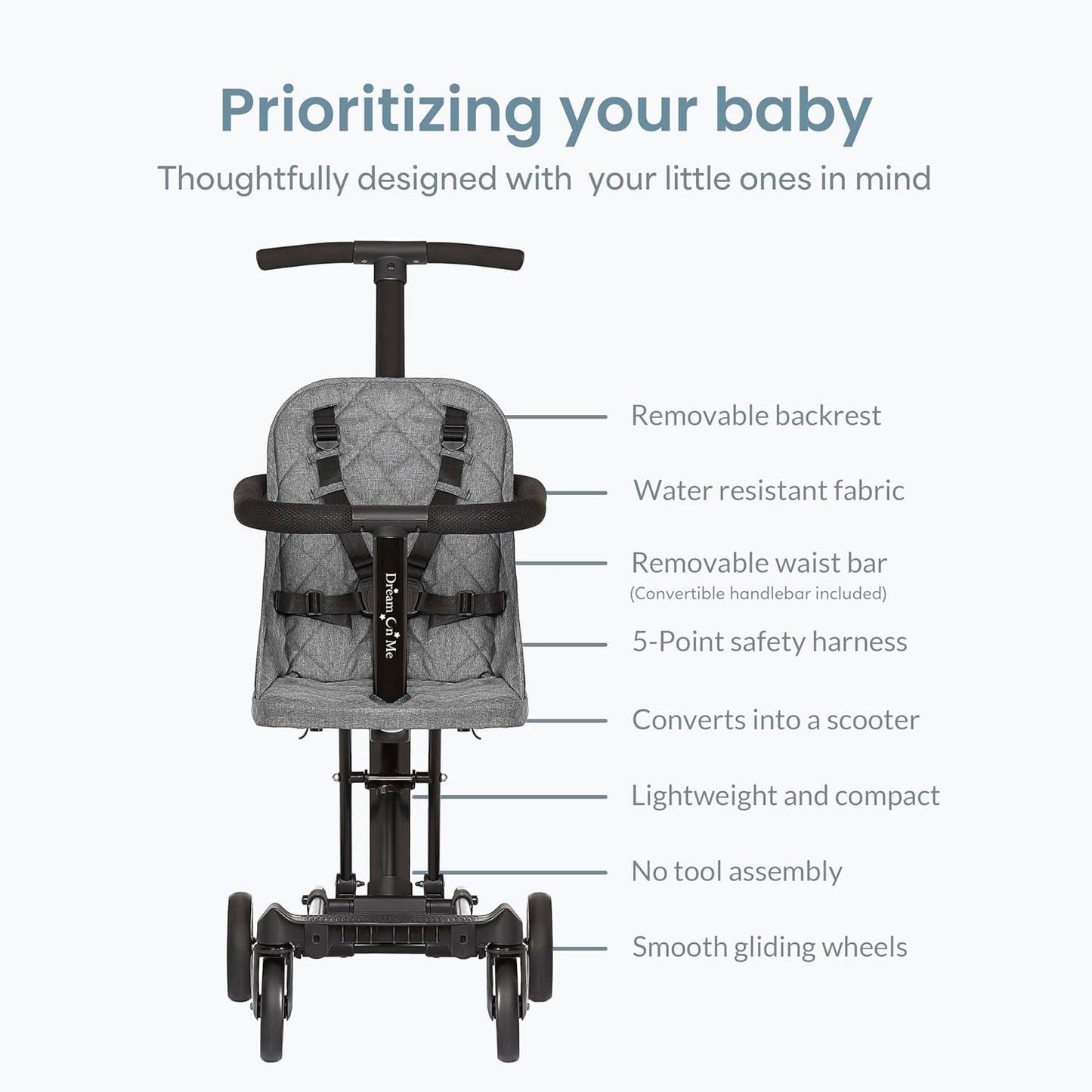 Dream On Me Coast Rider Travel Stroller, Lightweight & Compact Baby Stroller, Theme Park Approved, Book-Folding Design, Adjustable Handle, Soft-Ride Wheels, Converts to Rider & Scooter - Black