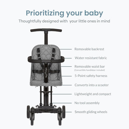 Dream On Me Coast Rider Travel Stroller, Lightweight & Compact Baby Stroller, Theme Park Approved, Book-Folding Design, Adjustable Handle, Soft-Ride Wheels, Converts to Rider & Scooter - Black