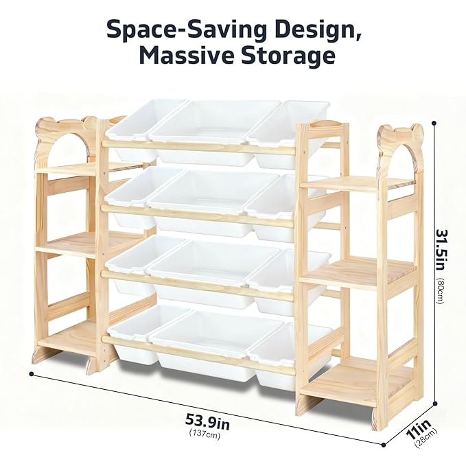 Toy Storage Organizer with 6 Shelves and 12 Bins, Toy Organizers and Storage Shelf with Bookshelf and Bookcase, Toys Box for Kids Room & Playroom & Bedroom & Nursery