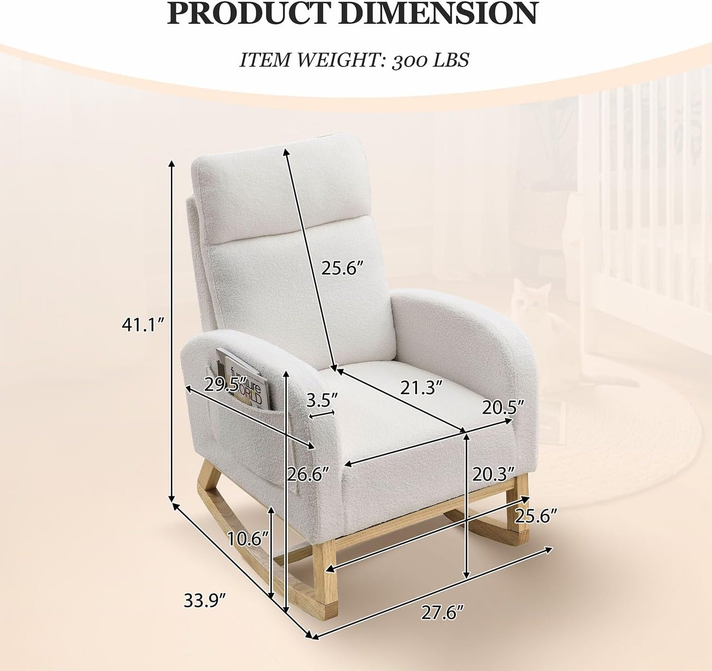 Rocking Chair Nursery, Glider Chair with High Back and Side Pocket, Solid Wood Frame Armchair with Non-Slip Padding for Nursery, Living Room, Bedroom (Ivory)