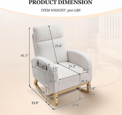 Rocking Chair Nursery, Glider Chair with High Back and Side Pocket, Solid Wood Frame Armchair with Non-Slip Padding for Nursery, Living Room, Bedroom (Ivory)