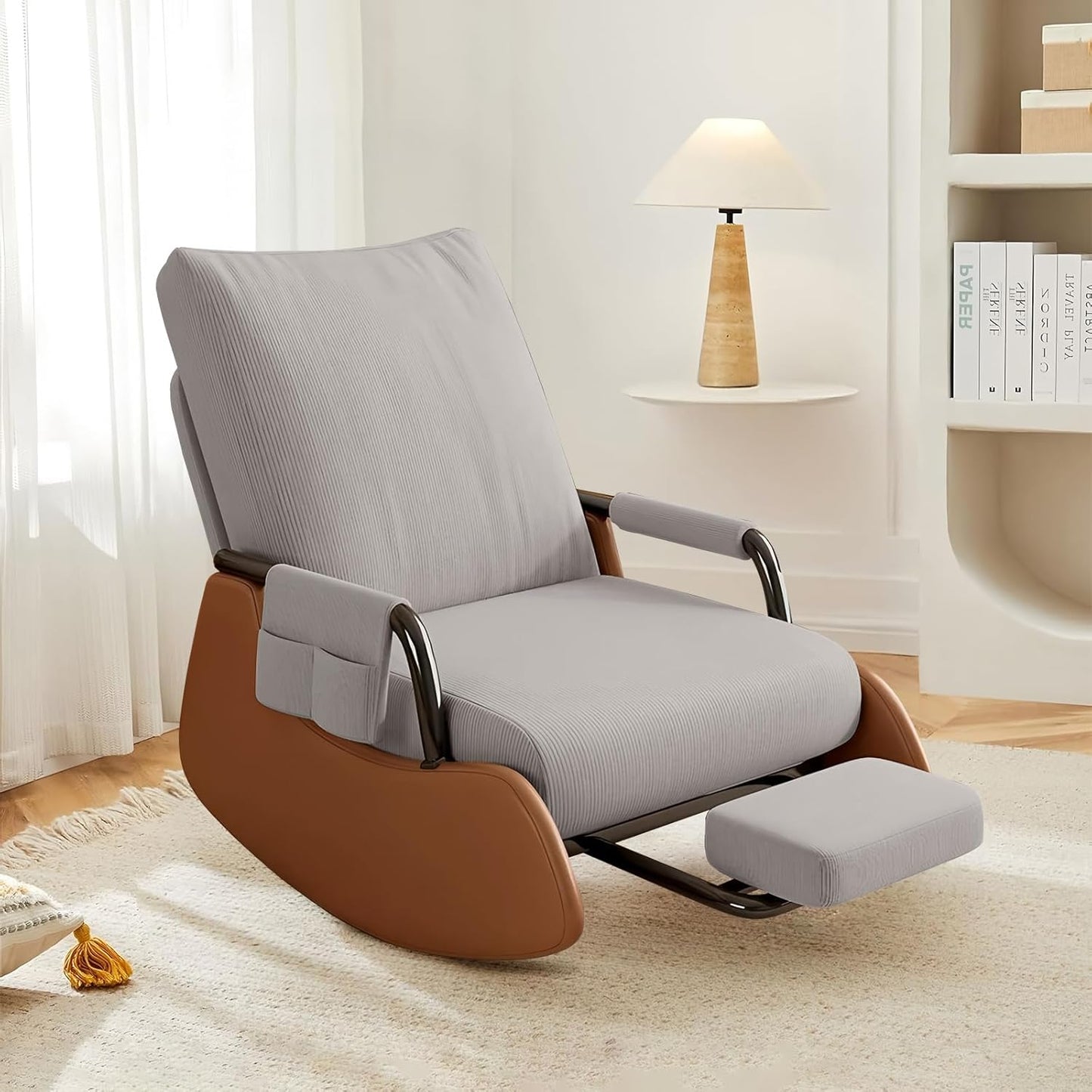 JPBSTO Rocking Chair Nursery, Upholstered Glider Rocking Chair with Side Pocket and Adjustable High Backrest, Comfortable Rocker Recliner with Footrest Perfect for Living Room Bedroom, Beige