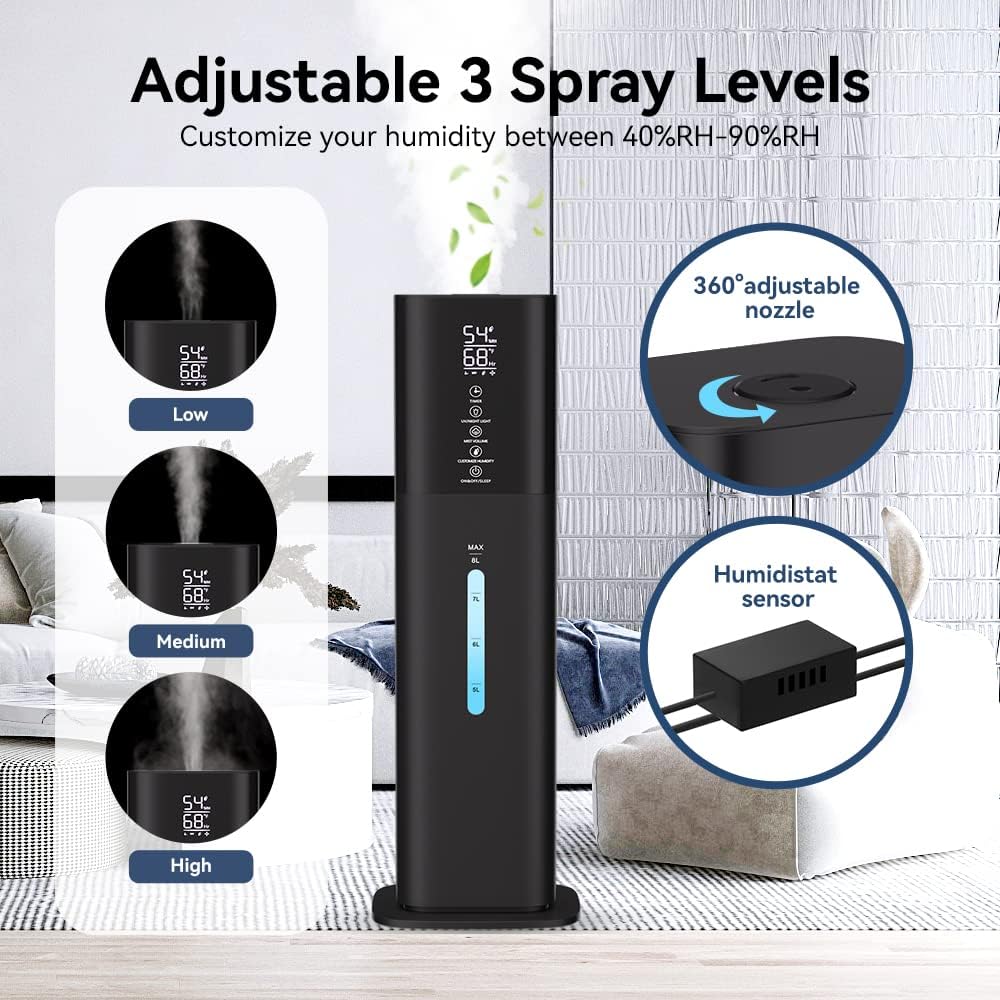 Humidifiers Large Room Bedroom with 7 Colors Light,Honovos 8L 2.1Gal Quiet Ultrasonic Cool Mist Topfill Humidifier with 360° Nozzle 3 Speed Humidistat Essential Oil Tray for Baby Home Plant Yoga Sleep