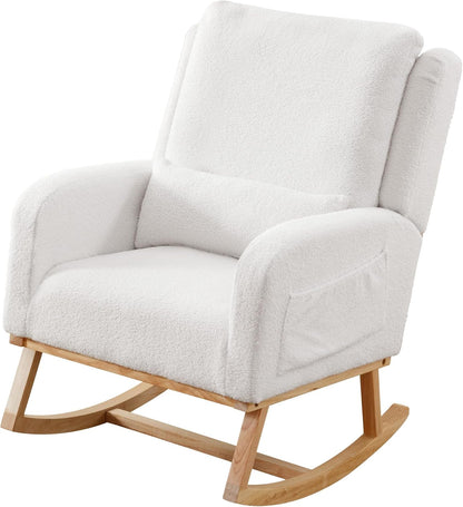 HCHAIRH Rocking Chair Nursery, Sherpa Nursing Rocking Chairs, Upholstered Nursery Glider Rocker for Mom Nursery Morden Accent Rocking Chair Pillow for Living Room,Bedroom,Teddy Light Grey