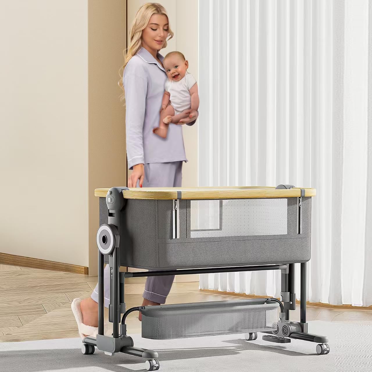 4 in 1Baby Bassinet,Bedside Bassinet for Baby, Rocking Bassinet with Comfy Mattress and Wheels, 7 Height Adjustable Easy Folding Portable Bedside Crib for Newborn