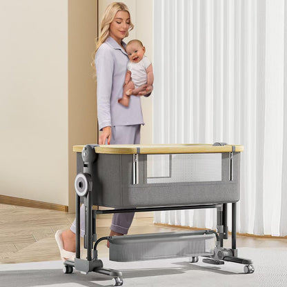 4 in 1Baby Bassinet,Bedside Bassinet for Baby, Rocking Bassinet with Comfy Mattress and Wheels, 7 Height Adjustable Easy Folding Portable Bedside Crib for Newborn