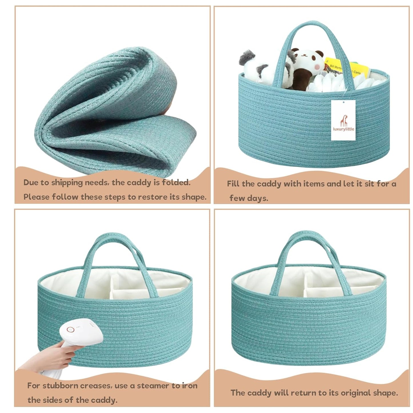 luxury little Diaper Caddy Organizer, Large Cotton Rope Nursery Baby Basket, Changing Table Organizer for Baby Diaper Storage, Portable Car Organizer Removable Divider (Off White, Large)