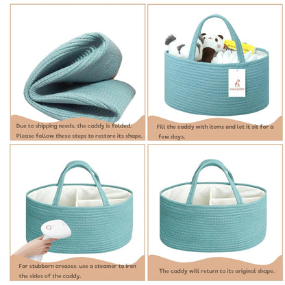 luxury little Diaper Caddy Organizer, Large Cotton Rope Nursery Baby Basket, Changing Table Organizer for Baby Diaper Storage, Portable Car Organizer Removable Divider (Off White, Large)