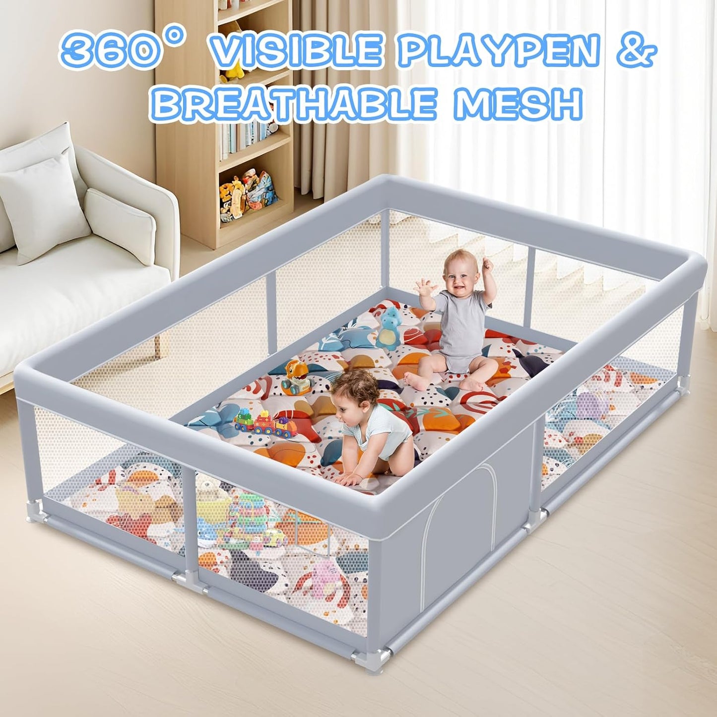 XVISHX Baby Playpen 50 x 50 Inch Play Pen Playards, Playpen for Babies and Toddlers, Baby Playard for Indoor & Outdoor Active Center Game Fence, with Skin-Friendly Fabric and Soft Breathable Mesh Grey
