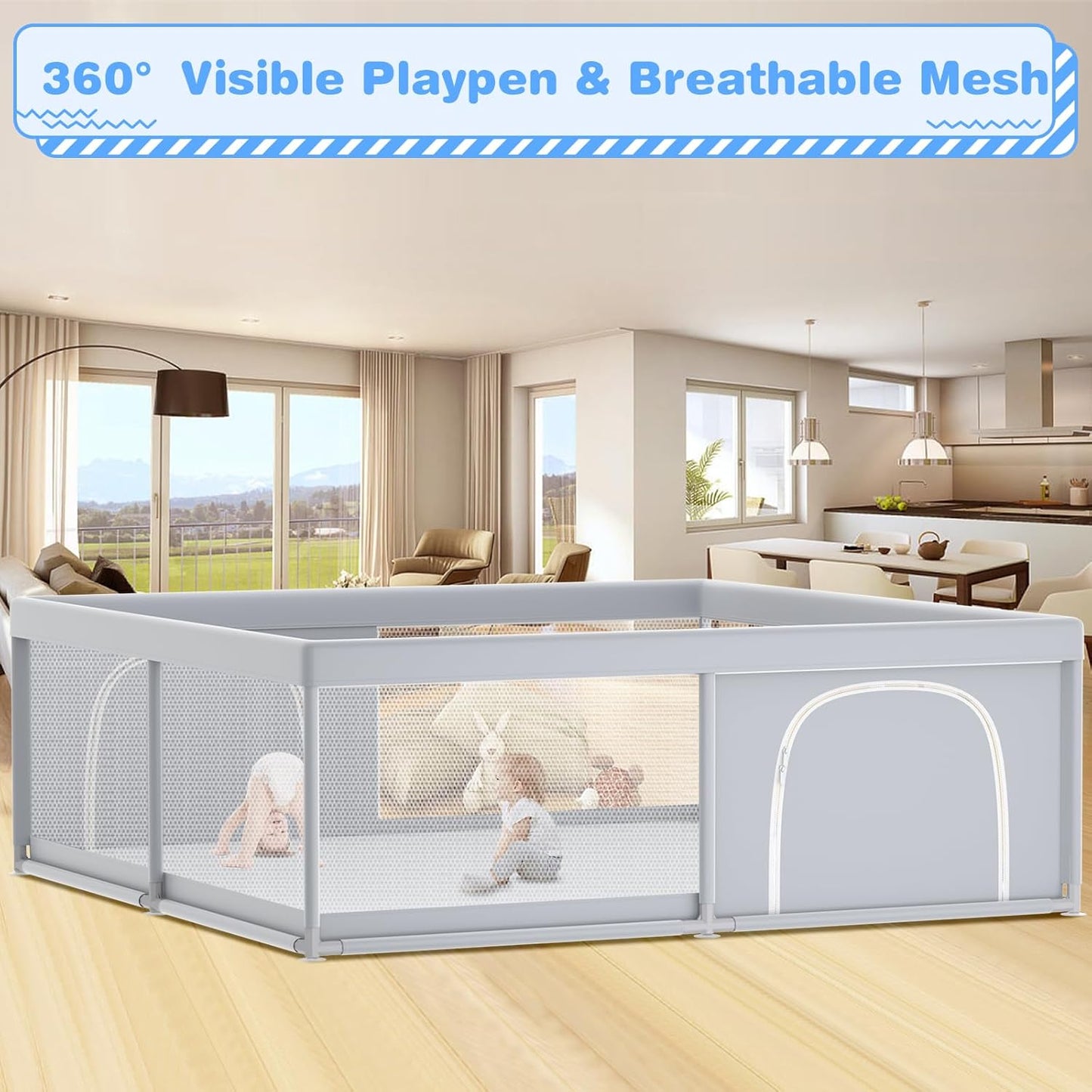 XVISHX Baby Playpen 50 x 50 Inch Play Pen Playards, Playpen for Babies and Toddlers, Baby Playard for Indoor & Outdoor Active Center Game Fence, with Skin-Friendly Fabric and Soft Breathable Mesh Grey
