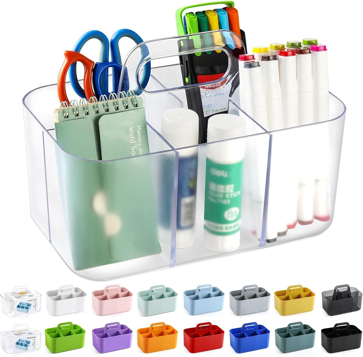 Multiuse Caddy Organizer with Handle, Portable Divided Plastic Tote Bin - Art Craft, Stationary Pen Marker Crayons, Makeup Hair Supplies Storage - Bathroom, Classroom, Dorm, Office, Desk Holder - Pink