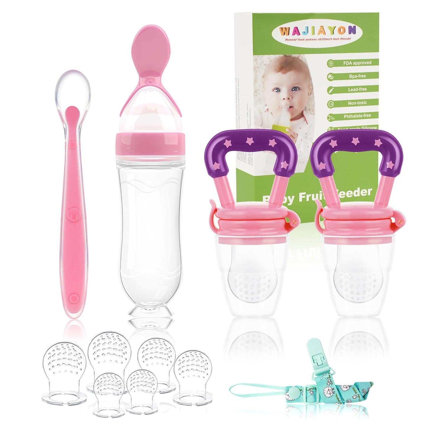 WAJIAYON Baby Fruit Feeder Pacifier | Infant Food Feeder Pacifier & Food Dispensing Spoon | Fresh Fruit Teethers for Babies | Silicone Feeder Baby,Mesh teethers for Babies Gifts for Boys and Girls