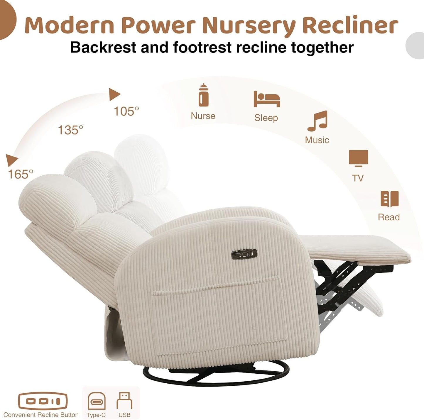 Nursery Glider Recliner, Power Swivel Rocking Recliner with USB & Type-C Port, Swivel Nursering Reclining Rocker with Double Pockets for Living Room, Camel Chenille