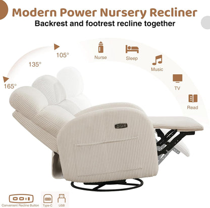 Nursery Glider Recliner, Power Swivel Rocking Recliner with USB & Type-C Port, Swivel Nursering Reclining Rocker with Double Pockets for Living Room, Camel Chenille