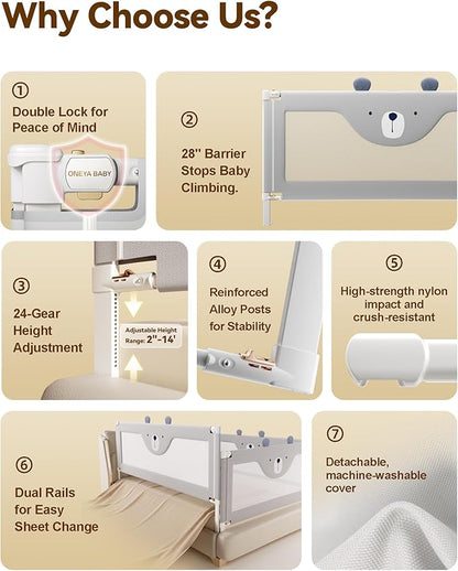 2 Piece Bed Rails for King Size Bed, No-Drill Needed Baby Bed Rail Guard for Toddlers with Height Adjustable, Thickened Child Safety Side Railing Guards/Bedrail for Kids, Grey Bear, 74.8x78.7Inches