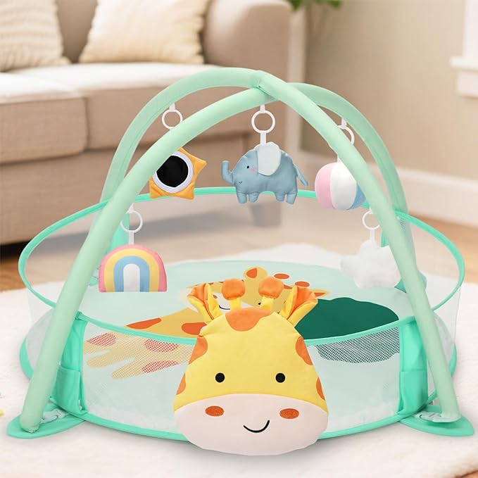 7-in-1 XL Large Baby Play Gym Mat, Tummy Time Mat, Baby Gym & Ball Pit, Baby Activity Mat with Milestone Cards & 6 Detachable Toys for Sensory Motor Skill, Giraffe