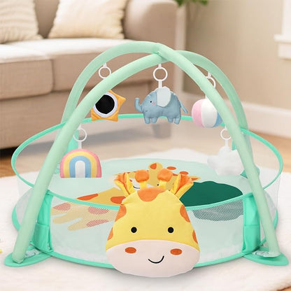7-in-1 XL Large Baby Play Gym Mat, Tummy Time Mat, Baby Gym & Ball Pit, Baby Activity Mat with Milestone Cards & 6 Detachable Toys for Sensory Motor Skill, Giraffe