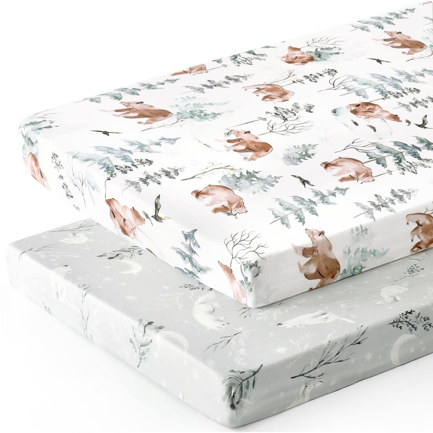 GRSSDER Stretch Ultra Soft Jersey Knit Fitted Pack n Play Playard Sheets Set 2 Pack，Fits Portable/Mini Cribs Sheets, Playards Mattress Pads, Stylish Watercolor Animals for Baby, Mint Green