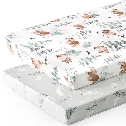 GRSSDER Stretch Ultra Soft Jersey Knit Fitted Pack n Play Playard Sheets Set 2 Pack，Fits Portable/Mini Cribs Sheets, Playards Mattress Pads, Stylish Watercolor Animals for Baby, Mint Green