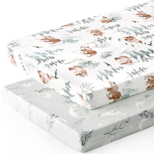 GRSSDER Stretch Ultra Soft Jersey Knit Fitted Pack n Play Playard Sheets Set 2 Pack，Fits Portable/Mini Cribs Sheets, Playards Mattress Pads, Stylish Watercolor Animals for Baby, Mint Green