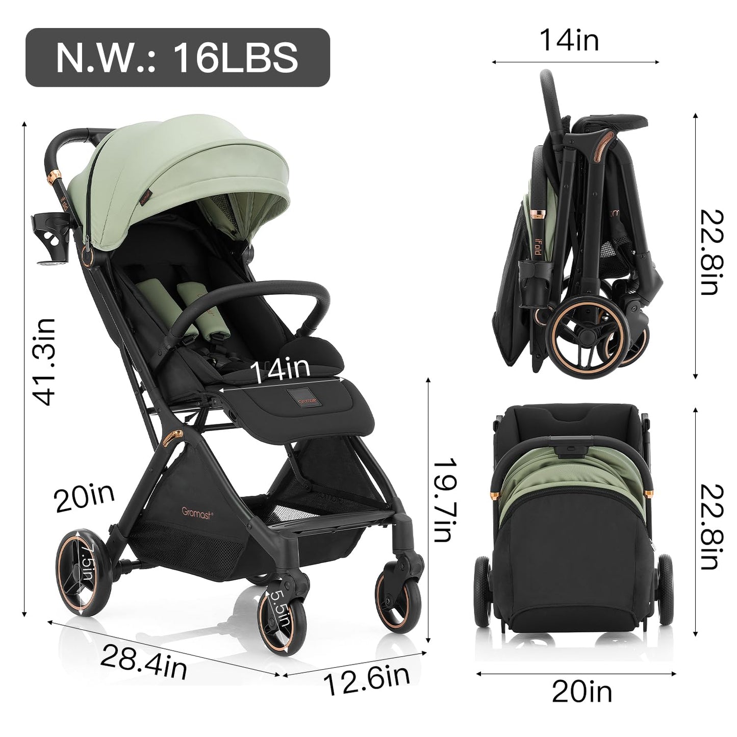 Gromast Gravity Folding Baby Stroller - Portable Travel Toddler Stroller w/Adjustable Backrest, Canopy & Cup Holder, Lightweight and UV Protected, One-Hand Automatic Folding - Green