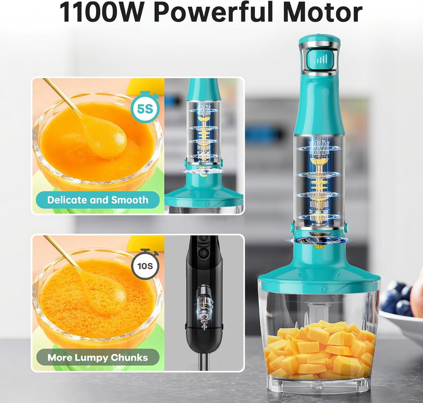 Turelar Immersion Blender Handheld Corded Hand Blenders Set 1100W, Trigger Variable Speed 5 in 1 Stick Emulsifier with Chopper, Whisk and Frother for Soup, Baby Food and Smoothies, Orange