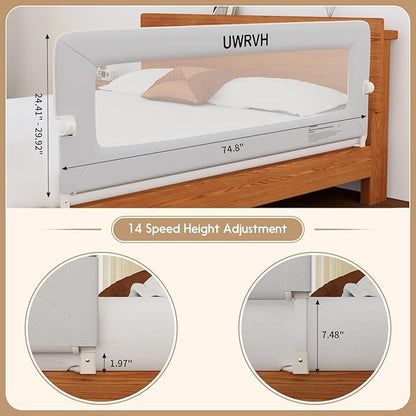 Folding Bed Rail Guard for Toddlers,Safety Toddler Bed Rails,Baby Bed Rails- U-Shape No Drilling Design, Universal Fit for Twin/Full/Queen/King/Bunk Beds (Grey, 75" L x 28" H)