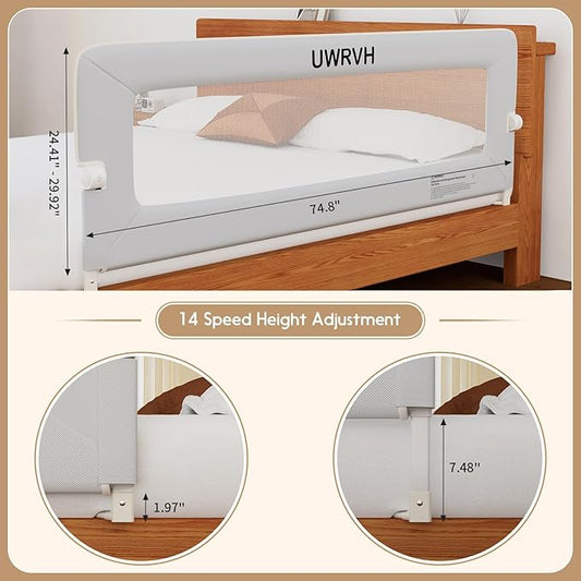 Folding Bed Rail Guard for Toddlers,Safety Toddler Bed Rails,Baby Bed Rails- U-Shape No Drilling Design, Universal Fit for Twin/Full/Queen/King/Bunk Beds (Grey, 75" L x 28" H)