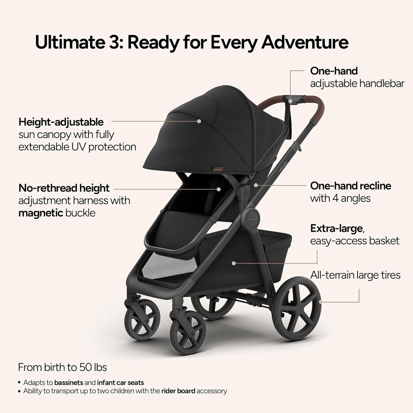 Mompush Ultimate2 Baby Stroller, Premium Convertible Full-Size Stroller for Toddler, Reversible Seat with One Hand Recline Adjustment, Car Seat Adapter Included