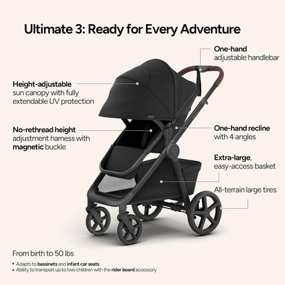 Mompush Ultimate2 Baby Stroller, Premium Convertible Full-Size Stroller for Toddler, Reversible Seat with One Hand Recline Adjustment, Car Seat Adapter Included