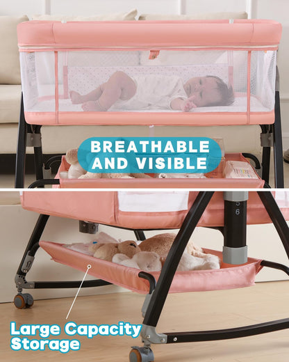 Bedside Bassinet for Baby, 3 in 1 Breathable Mesh Baby Bassinet, 6 Height Adjustable, Easy to Assemble, Bassinet Bedside Sleeper with Wheels, Mosquito Net, Storage Basket, Bassinets for Newborn Baby | Multi-functional