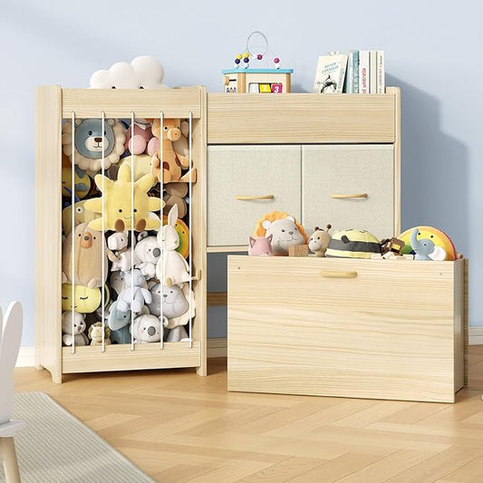 EXPERLAM Toy Organizer and Stuffed Animals Storage, All-in-One Toy Shelf with Stuffed Animal Holder, 2 Drawers, Movable Toy Chest & Top Shelf, Solid Wood Bedroom Toy Storage Organizer