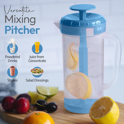 JBK Pottery 1 Quart Plastic Mixing Pitcher with Mixing Lid, BPA Free, Shatterproof Beverage Jug for Iced Tea, Lemonade, Juices, Milk – Leak-Proof, Easy Stirring, Dishwasher Safe | Blue
